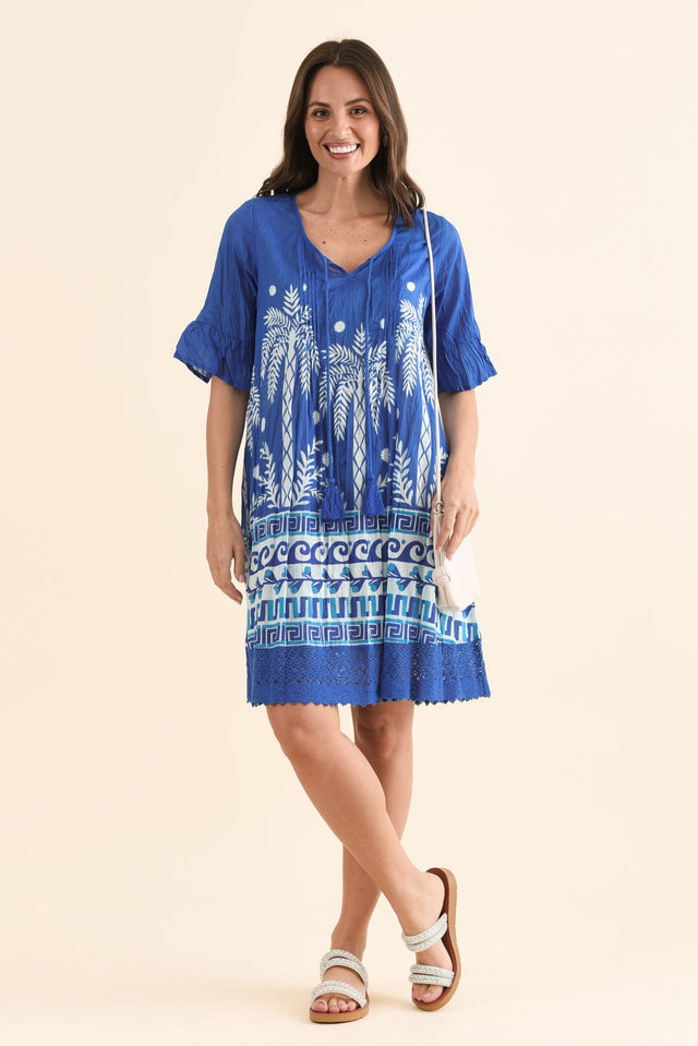 Cayman Cobalt Beach Cotton Tunic Dress,Front,Brunette model,alt text|model:MJ