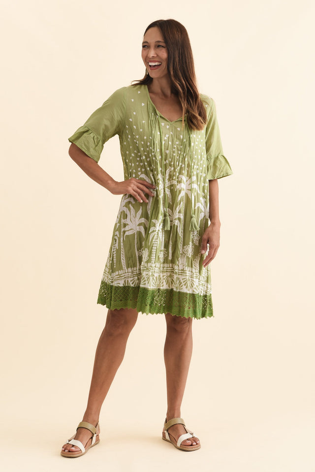 Cayman Khaki Palm Cotton Tunic Dress,Brunette model,alt text|model:Cara image 3