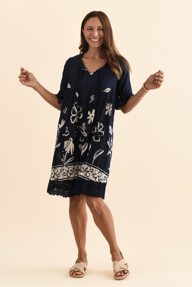 Cayman Navy Flower Cotton Tunic Dress,Brunette model,alt text|model:Cara image 7
