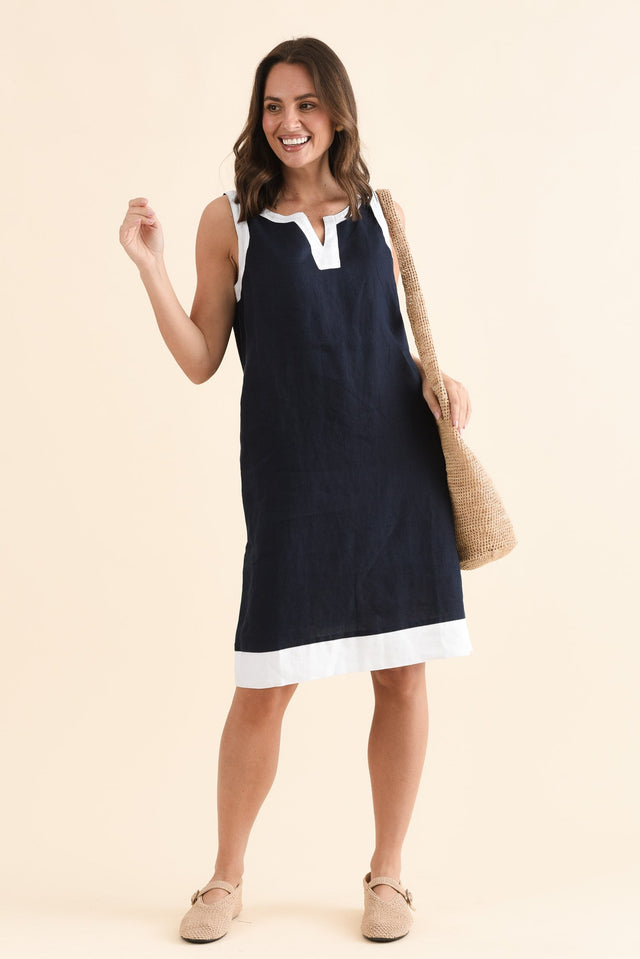 Cecilia Navy Contrast Linen Dress,Front,Brunette model,alt text|model:MJ image 1