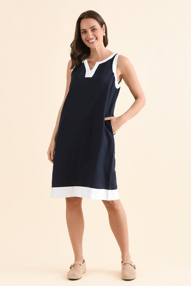 Cecilia Navy Contrast Linen Dress,Full Body,Brunette model,alt text|model:MJ image 2