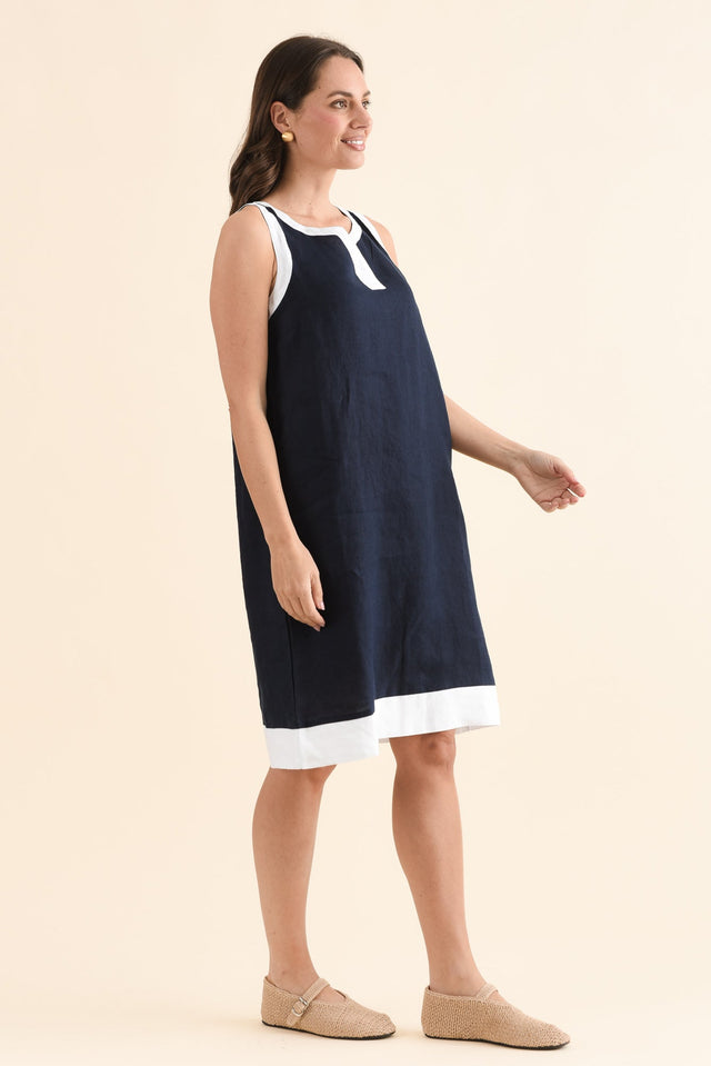 Cecilia Navy Contrast Linen Dress,Side,Brunette model,alt text|model:MJ image 3