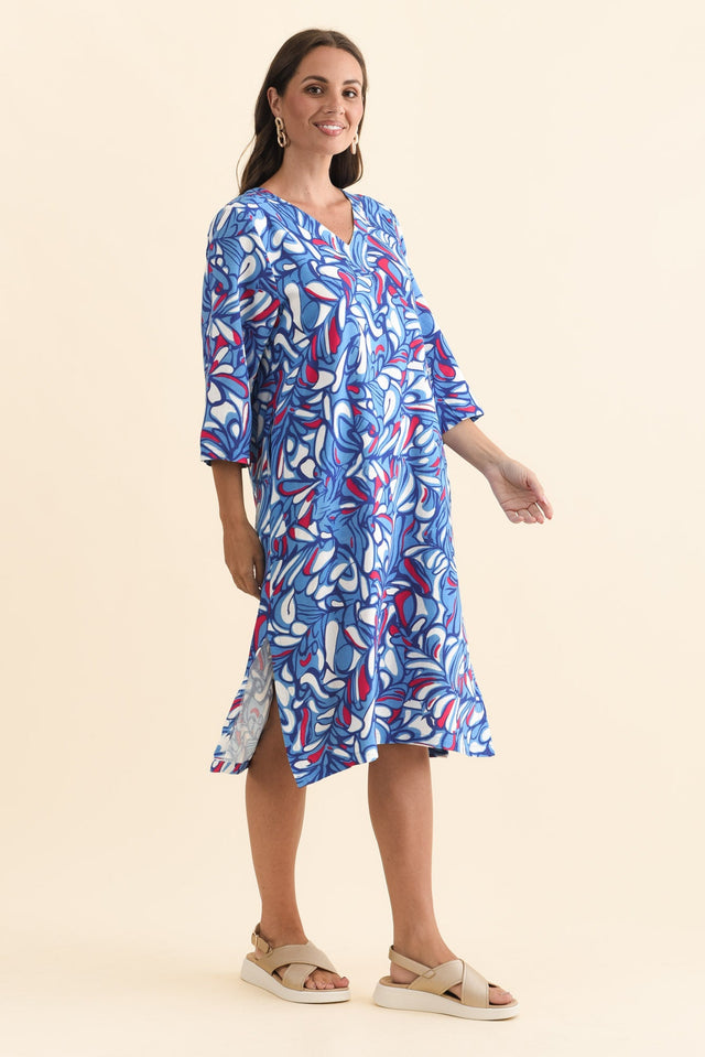 Celine Blue Ripple Linen Cotton Dress,Brunette model,alt text|model:MJ image 4