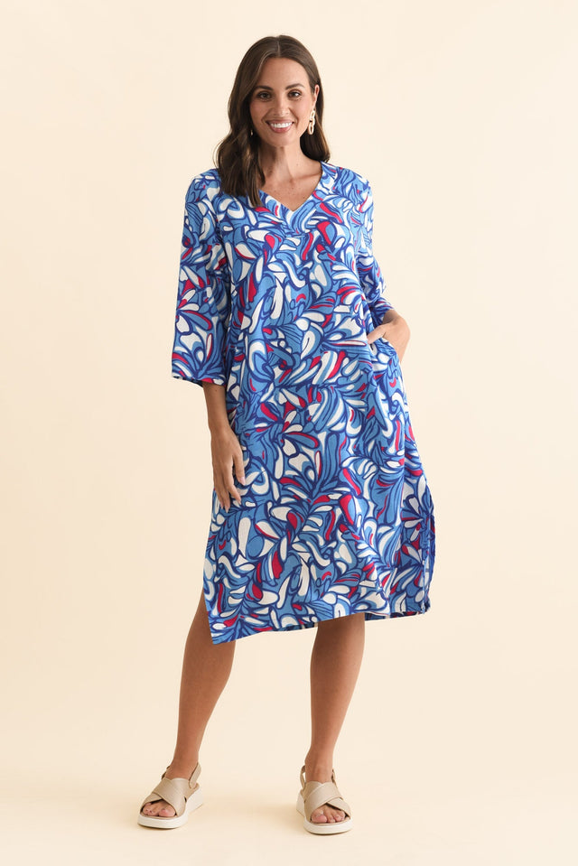 Celine Blue Ripple Linen Cotton Dress,Brunette model,alt text|model:MJ image 3