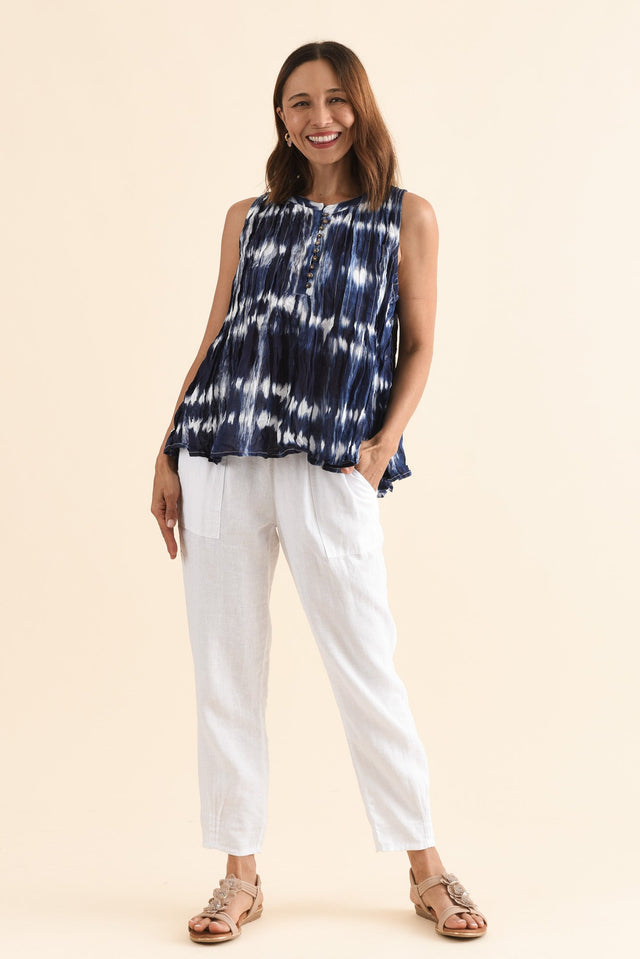 Charlize Navy Tie Dye Cotton Button Tank,Full Body,Brunette model,alt text|model:Cara image 2