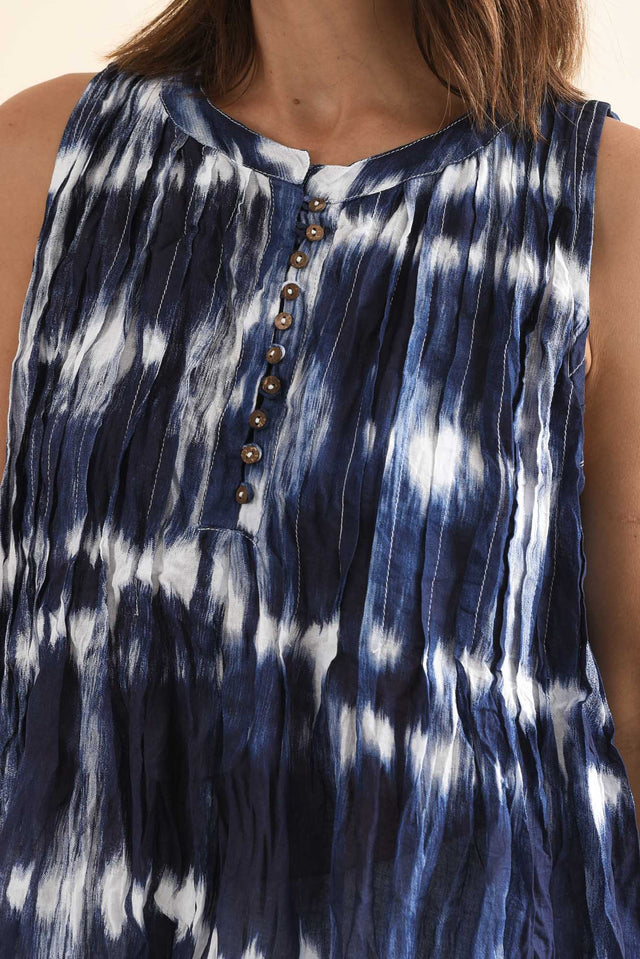 Charlize Navy Tie Dye Cotton Button Tank,Detail,Brunette model,alt text|model:Cara image 5