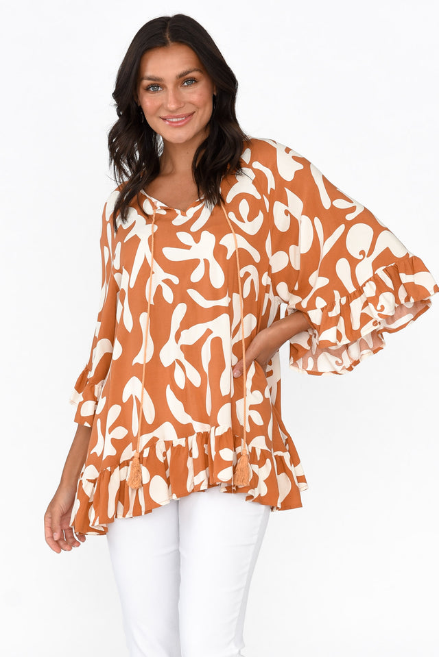Chase Rust Abstract Tassel Ruffle Top neckline_V Neck  alt text|model:Brontie;wearing:AU 8 / US 4