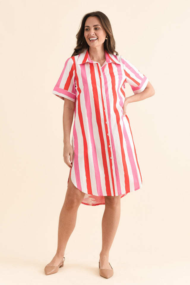 Chatham Red Stripe Palm Cotton Dress,Front,Brunette model,alt text|model:MJ