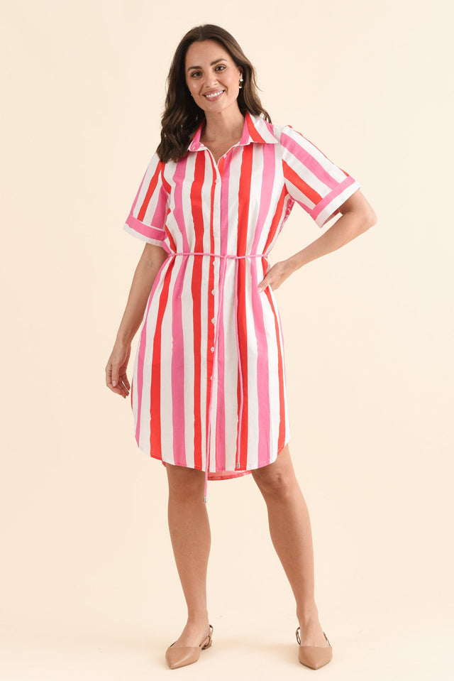 Chatham Red Stripe Palm Cotton Dress,Full Body,Brunette model,alt text|model:MJ