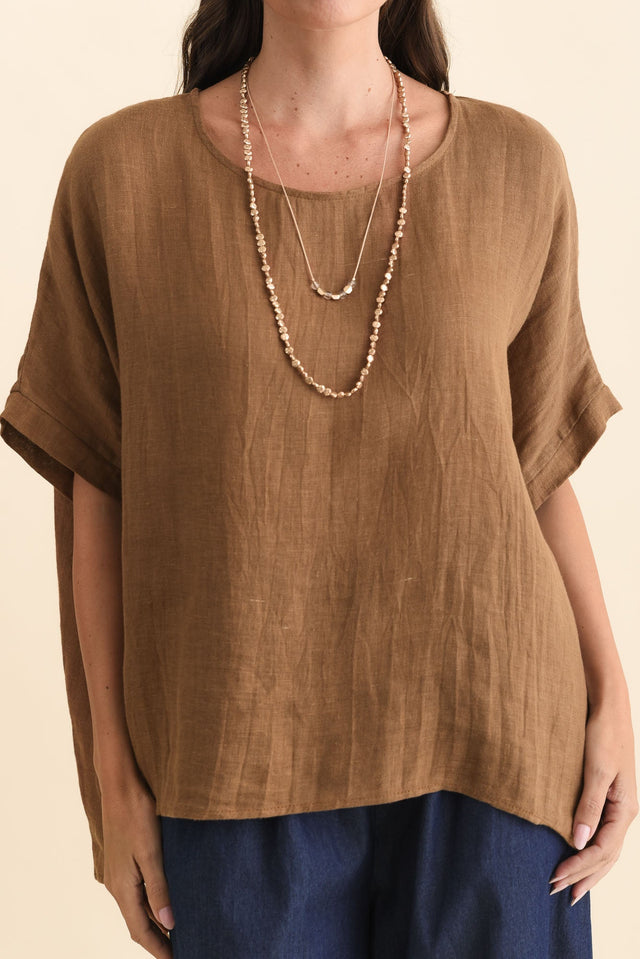 Chaya Mocha Linen Top,Brunette model,alt text|model:MJ image 7