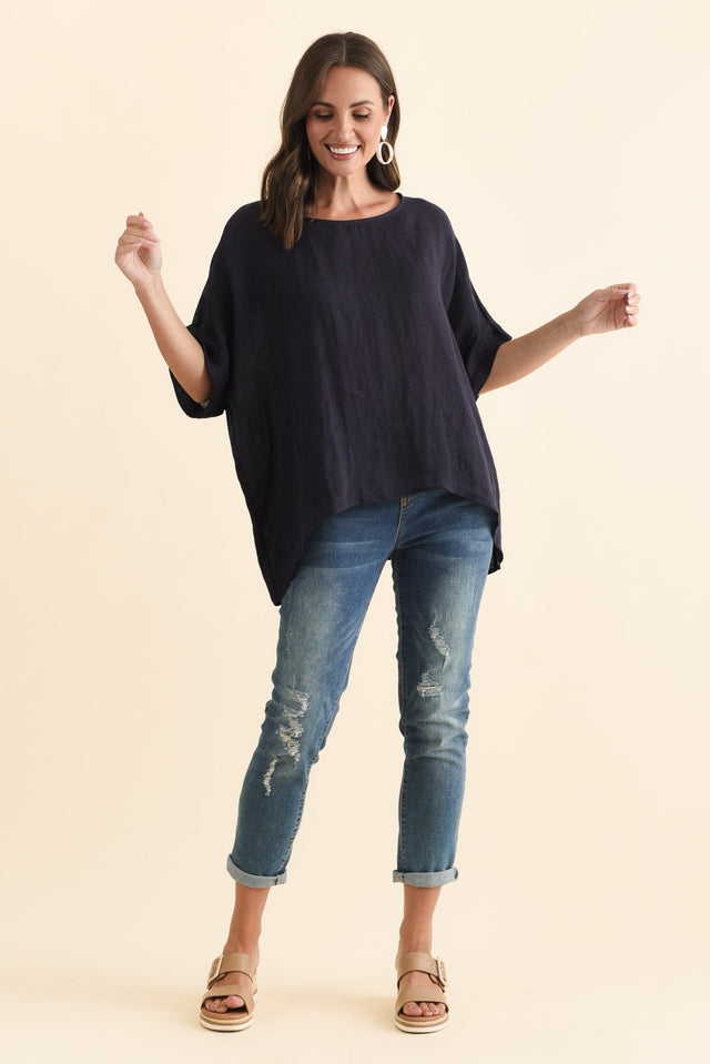 Chaya Navy Linen Top,Brunette model,alt text|model:MJ image 8