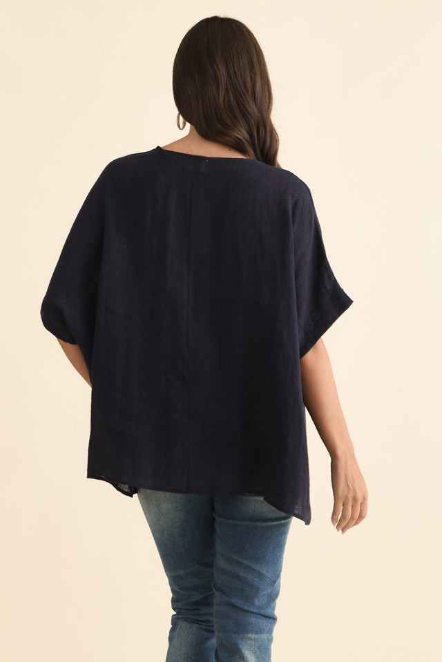 Chaya Navy Linen Top,Brunette model,alt text|model:MJ image 6