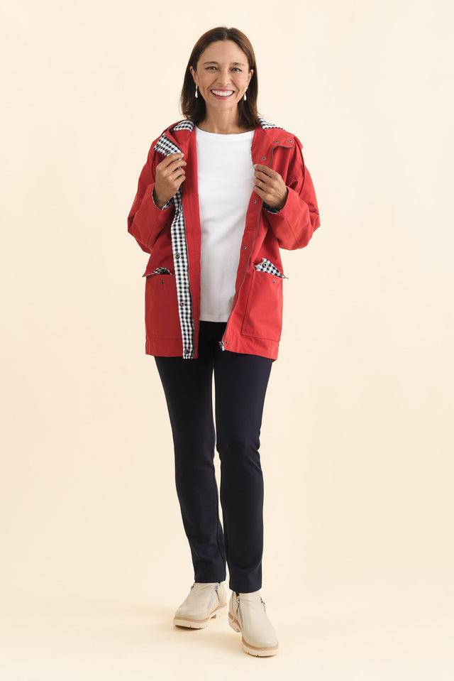 Chelsea Red Hooded Raincoat,Brunette model,alt text|model:Cara image 7