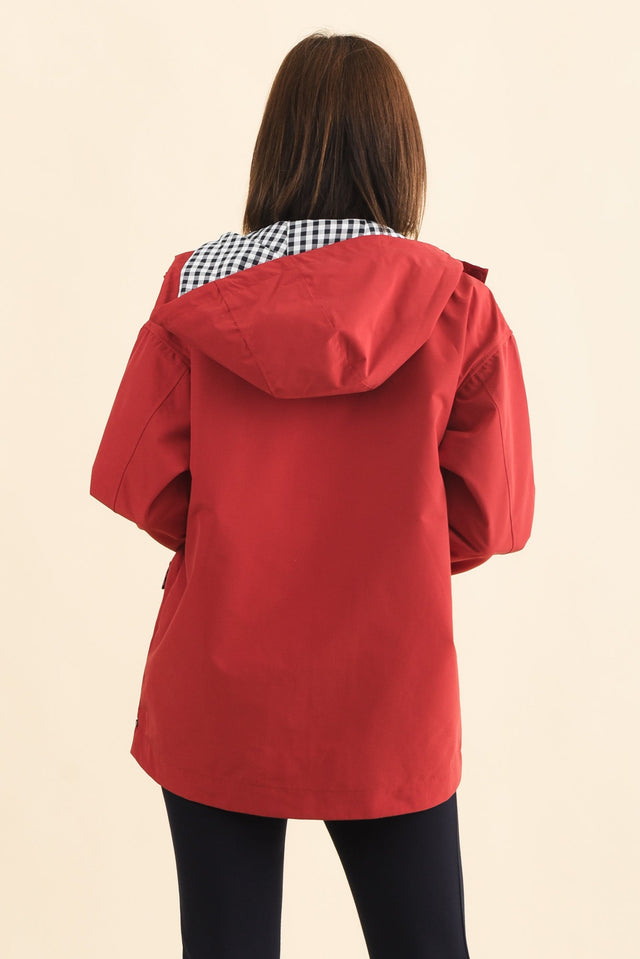 Chelsea Red Hooded Raincoat,Brunette model,alt text|model:Cara image 5