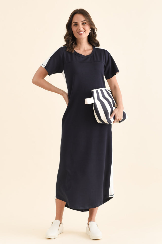 Chicago Navy Stripe Tee Dress,brunette model,Front of Outfit,alt text|model:MJ