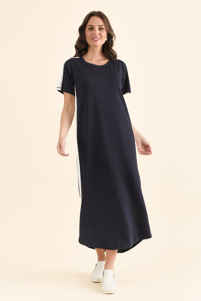 Chicago Navy Stripe Tee Dress,brunette model,Back of Outfit,alt text|model:MJ image 4