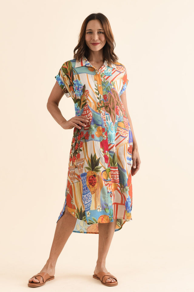 Chiya Blue Fruity Pocket Shirt Dress,Full Body,Brunette model,alt text|model:Cara image 6