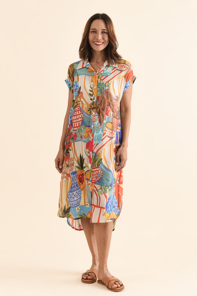 Chiya Blue Fruity Pocket Shirt Dress,Full Body,Brunette model,alt text|model:Cara image 2