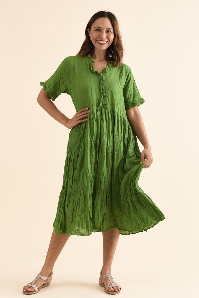 Cinder Fern Green Crinkle Cotton Ruffle Dress,Front,Brunette model,alt text|model:Cara