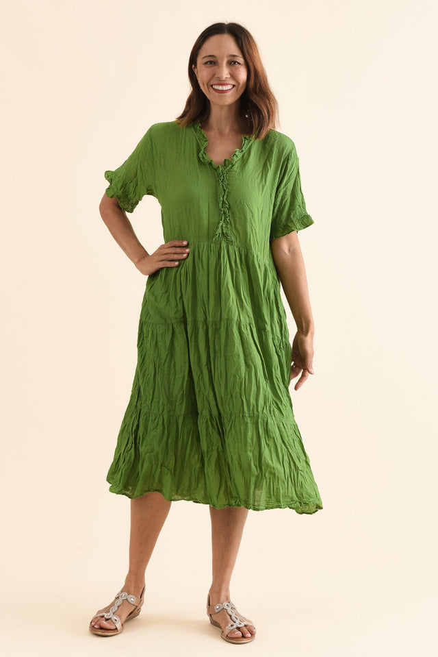 Cinder Fern Green Crinkle Cotton Ruffle Dress,Full Body,Brunette model,alt text|model:Cara image 3