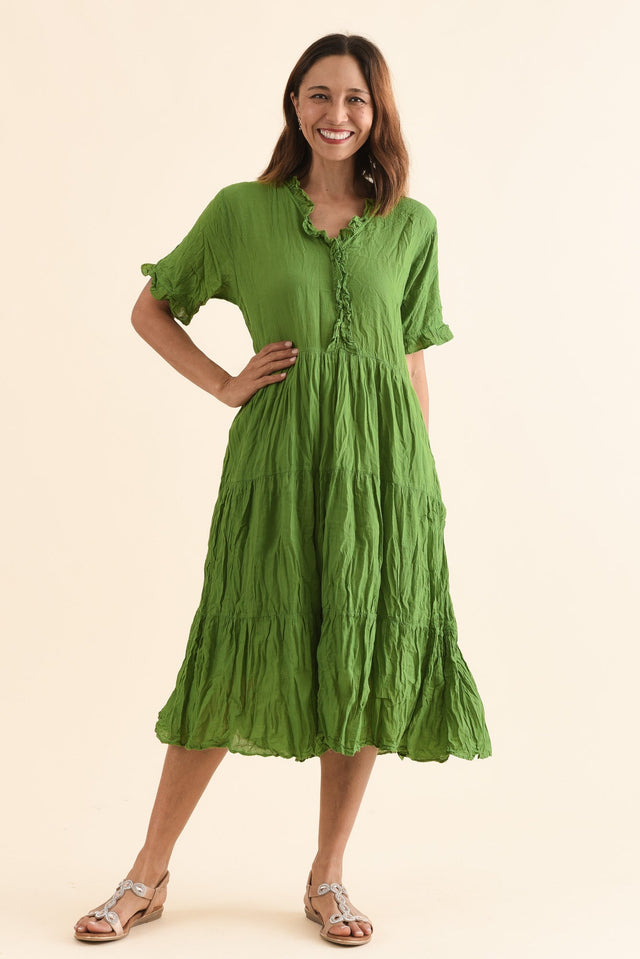 Cinder Fern Green Crinkle Cotton Ruffle Dress,Full Body,Brunette model,alt text|model:Cara image 7