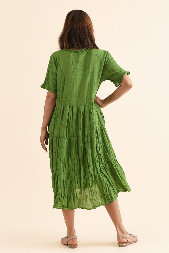 Cinder Fern Green Crinkle Cotton Ruffle Dress,Back,Brunette model,alt text|model:Cara image 5