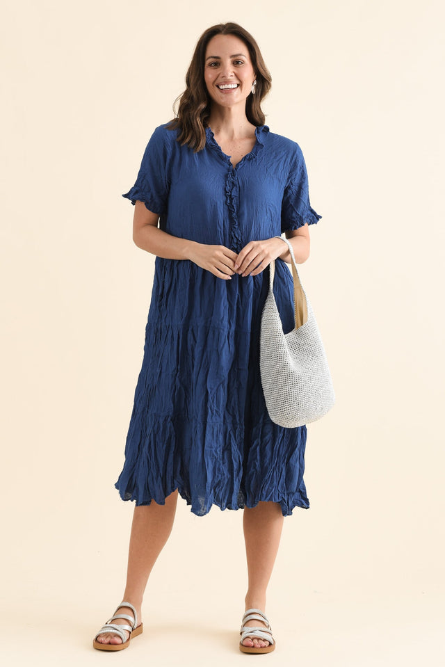Cinder Indigo Crinkle Cotton Ruffle Dress,Front,Brunette model,alt text|model:MJ image 1