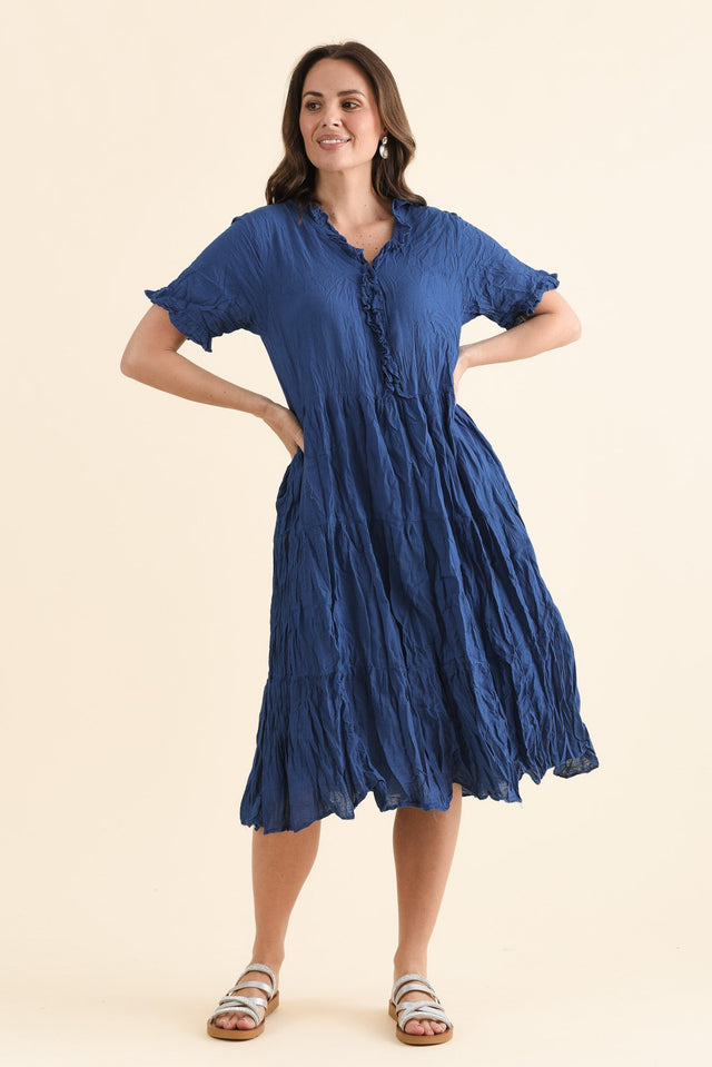 Cinder Indigo Crinkle Cotton Ruffle Dress,Full Body,Brunette model,alt text|model:MJ image 6