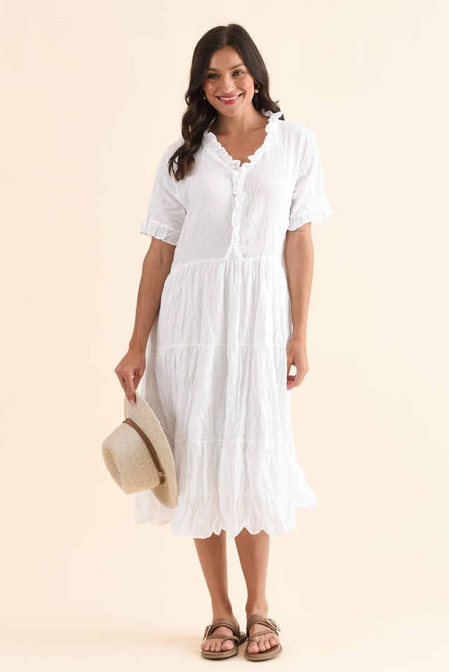Cinder White Crinkle Cotton Ruffle Dress,Front,Brunette model,alt text|model:Brontie