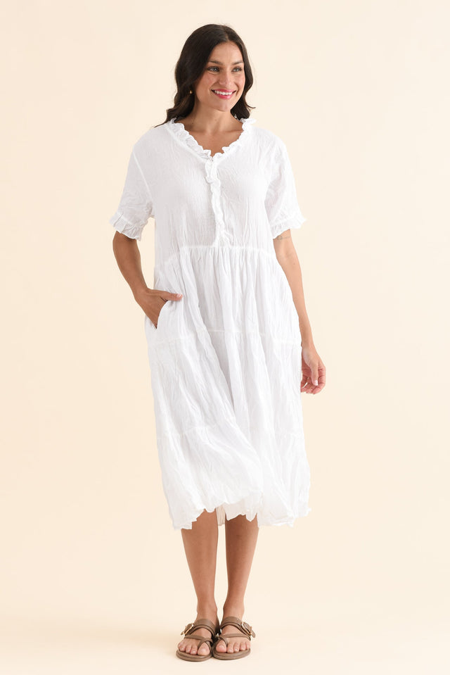 Cinder White Crinkle Cotton Ruffle Dress,Full Body,Brunette model,alt text|model:Brontie image 6