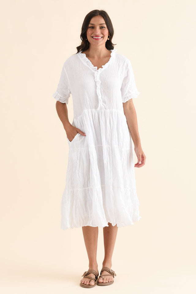 Cinder White Crinkle Cotton Ruffle Dress,Full Body,Brunette model,alt text|model:Brontie