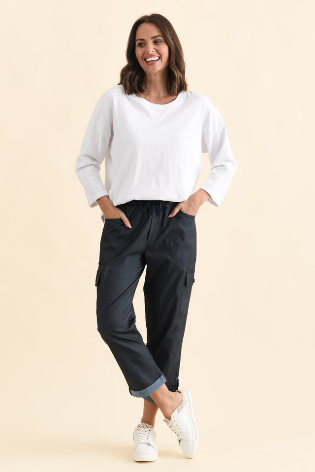 Cindy Dark Blue Denim Cargo Pants,Brunette model,alt text|model:MJ image 7