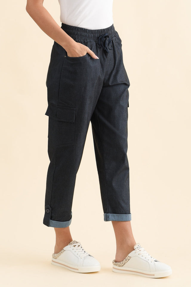 Cindy Dark Blue Denim Cargo Pants,Brunette model,alt text|model:MJ image 4