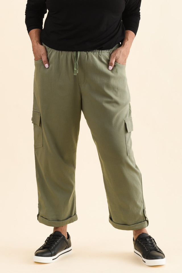 Cindy Sage Denim Cargo Pants,Front,Brunette model,alt text|model:Pilita image 9