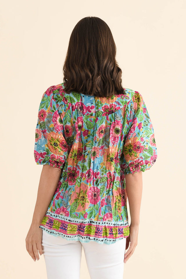 Claris Blue Flower Crinkle Cotton Top,Back,Brunette model,alt text|model:MJ image 4
