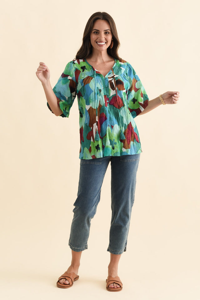 Claris Teal Flower Crinkle Cotton Top,Brunette model,alt text|model:MJ image 4