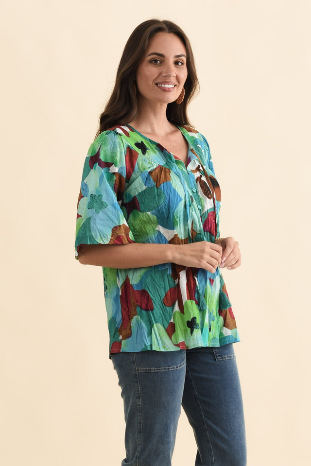Claris Teal Flower Crinkle Cotton Top,Brunette model,alt text|model:MJ image 5
