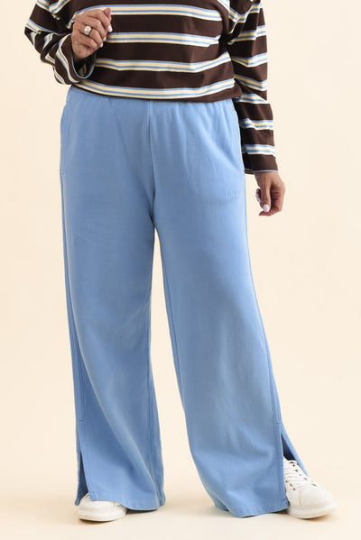 Classic Blue Cotton Split Sweatpants,Front,Brunette model,alt text|model:Pilita