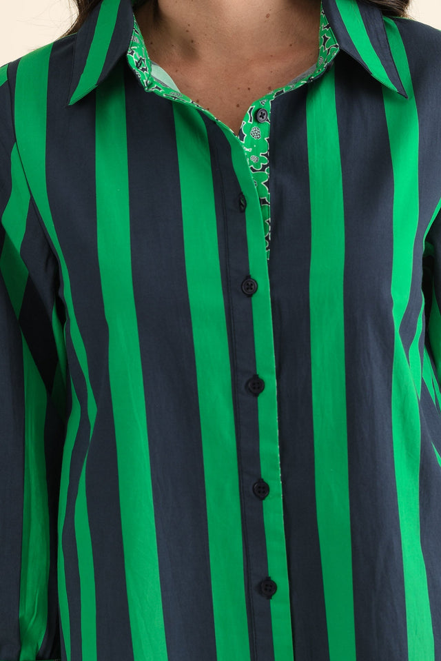 Claude Green Stripe Cotton Poplin Dress,brunette model,Close up of outfit,alt text|model:MJ image 5