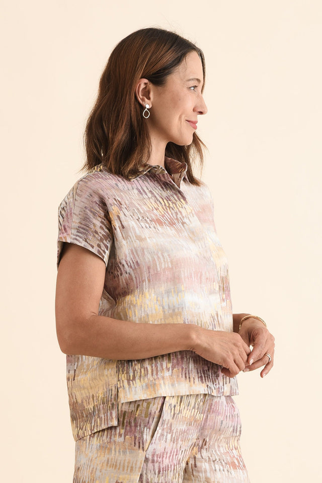 Clover Yellow Abstract Linen Shirt,Side,Brunette model,alt text|model:Cara image 3