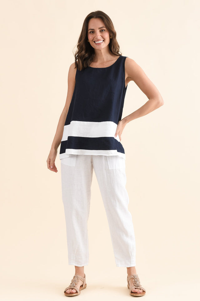 Cobie Navy Contrast Linen Top,Full Body,Brunette model,alt text|model:MJ image 2