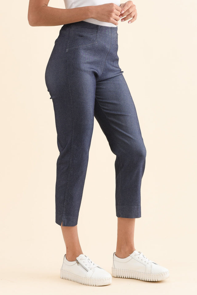 Cody Blue Denim Stretch Capri Pants,Side,Brunette model,alt text|model:Brontie image 3