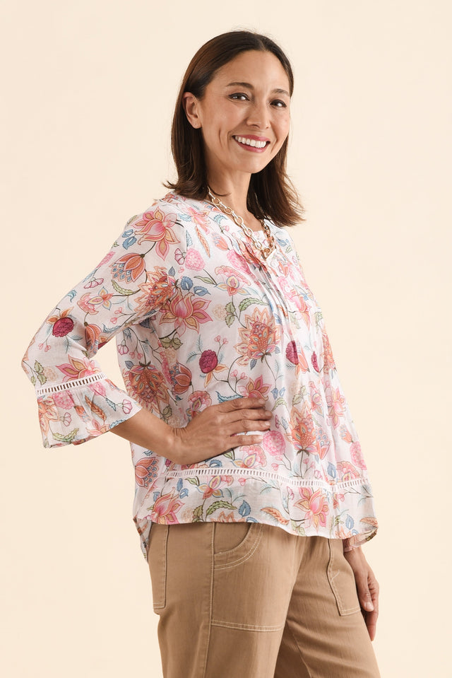 Coleman Pink Blossom Button Top,Side,Brunette model,alt text|model:Cara image 3