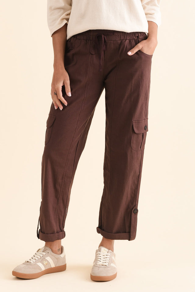 Colette Chocolate Cargo Pants,Front,Brunette model,alt text|model:Brontie