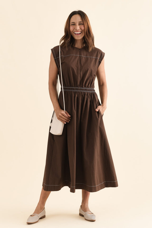 Cooper Chocolate Cotton Pocket Dress,Front,Brunette model,alt text|model:Cara image 1