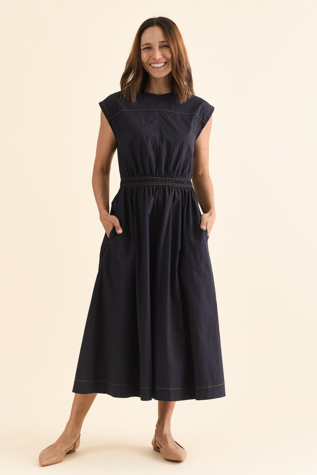Cooper Navy Cotton Pocket Dress,Front,Brunette model,alt text|model:Cara image 1