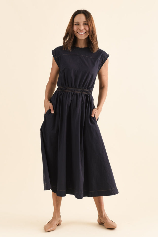 Cooper Navy Cotton Pocket Dress,Full Body,Brunette model,alt text|model:Cara image 6