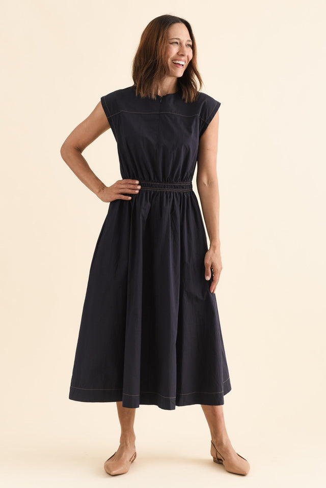Cooper Navy Cotton Pocket Dress,Full Body,Brunette model,alt text|model:Cara image 2