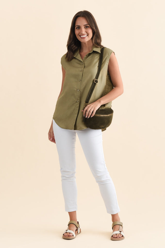 Corbin Khaki Linen Blend Button Top,Brunette model,alt text|model:MJ image 3