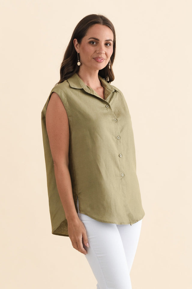 Corbin Khaki Linen Blend Button Top,Brunette model,alt text|model:MJ image 4